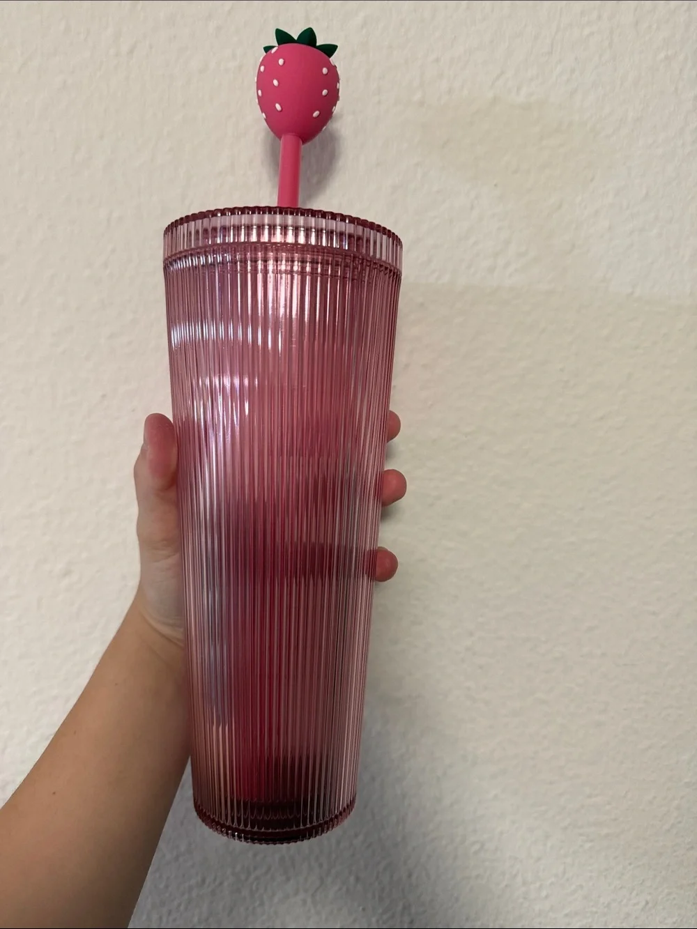 Starbucks Pink Ribbed Tumbler with Strawberry Topper